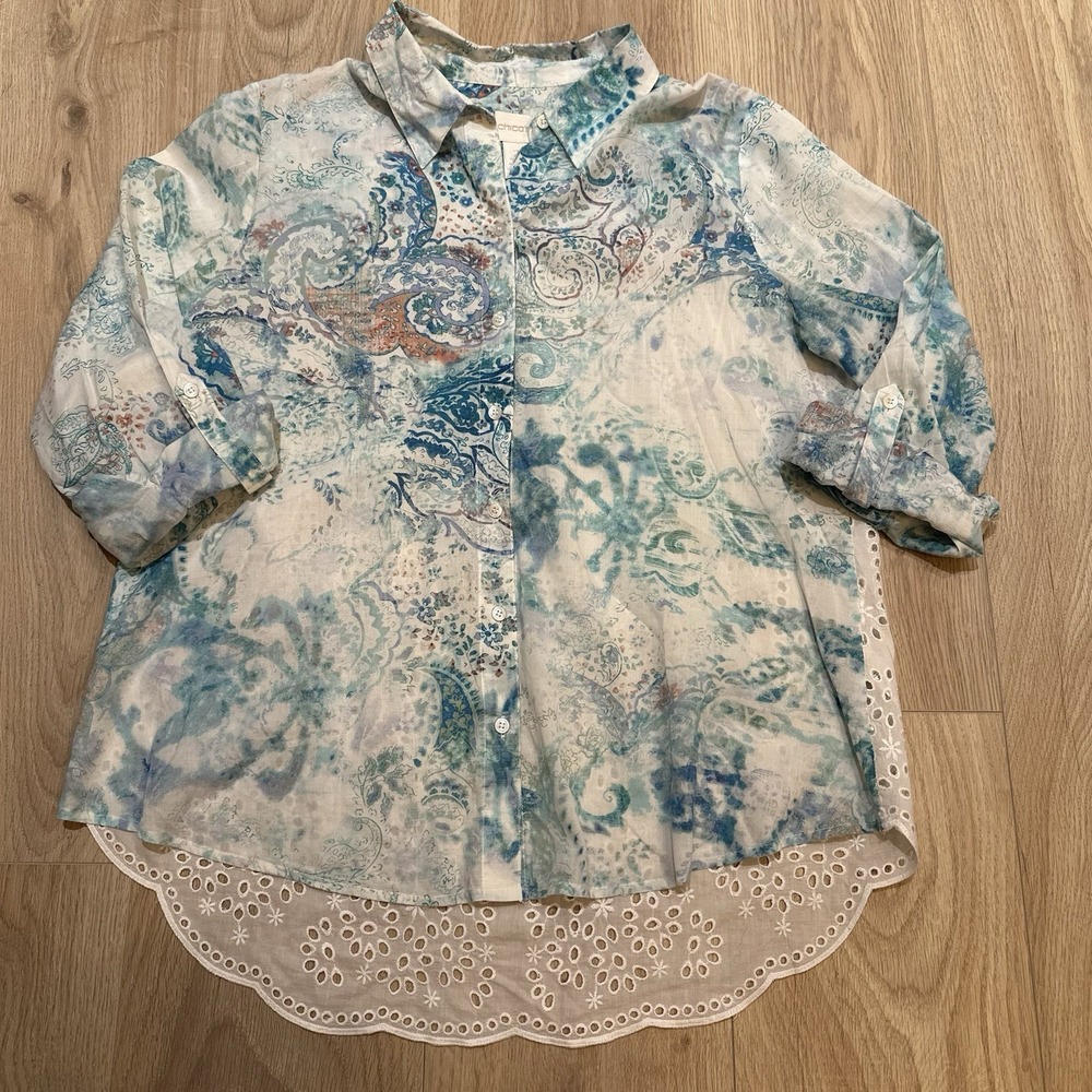 Chico's 2 L 12 Milada Paisley Button Down Shirt Full White Eyelet Lace Back EUC